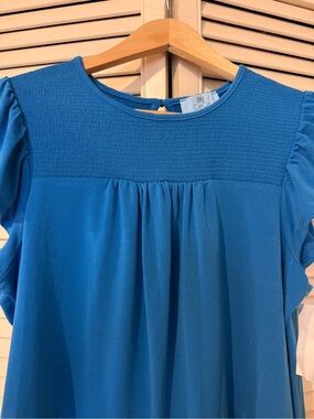 CeCe Bright Blue Smocked Yoke Short Sleeve Blouse